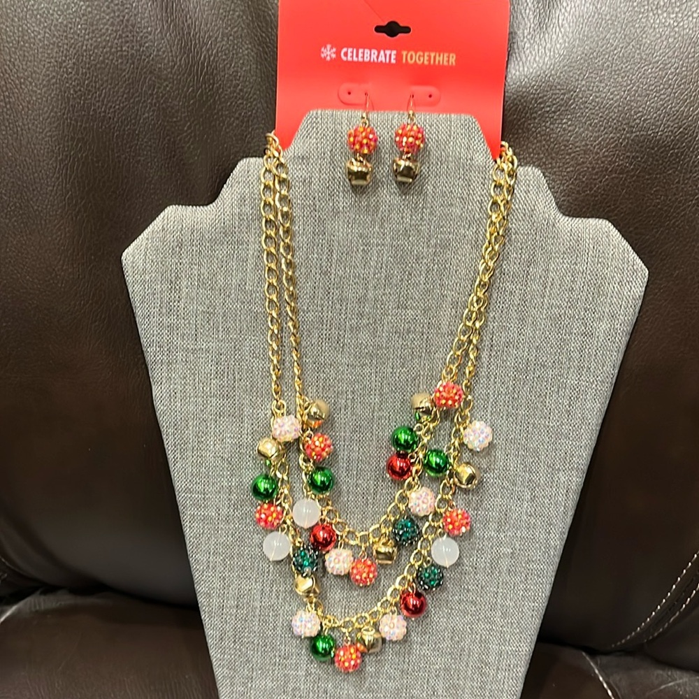 NWT Christmas Multi-Bead & Bell Necklace & Earrings Set